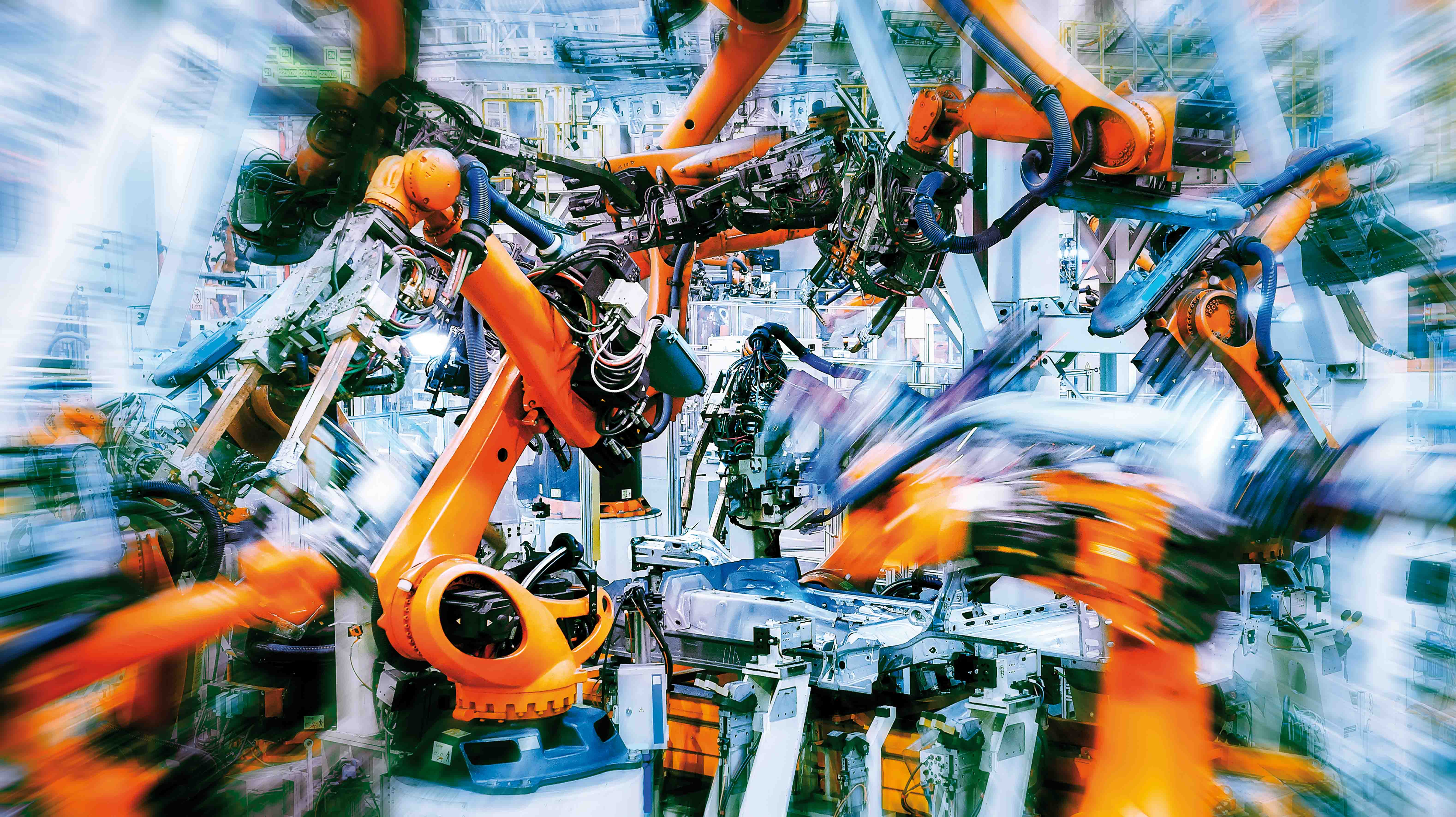 In the industrial production workshop, the robot arm of the automobile production line is working